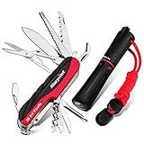 Morpilot Schweizer Messer, 15 in 1 Multi Tools aus Edelstahl, Schweizer Taschenmesser, 4 in 1 Feuerstein, mit Schraubendreher, Pfeife, Säge und Compassrstein