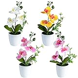 4 Stücke künstliche Orchideenblumen Mini Topf Orchideenblumen gefälschte Orchideen mit Plastikvase für Home Table Office Dekoration (weiß, gelb, rosa, Hellrosa)