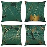 NIULAA Kissenbezug 40x40 4er Set Dunkelgrün Gold Deko Kissen Kissenhülle Dekokissen Natur Landhausstil Dekorative Sofakissen Leinen Kissenbezüge mit Motiv für Sofa Couch Wohnzimmer