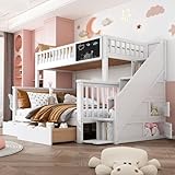 FEZTOY Etagenbett für 3 Kinder, Kinderbett mit 2 Unterbett Schubladen und 4 Speicherung Treppe, 90x200cm +140x200cm Funktionsbett Stockbett Hochbett Jugendhochbett