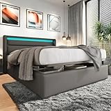 Bettkasten 160 x 200 cm mit LED, Doppelbett mit Stauraum, Bett 160 x 200 cm mit Lattenrost, Doppelbett, Bettgestell, Erwachsenenbett, Polsterbett 160 x 200 cm, Funktionsbett, Grau (mit Fernbedienung)