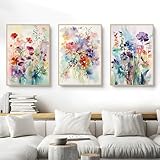 Herfair Bilder Wohnzimmer 3er Set, Bunt Blumen Poster Schlafzimmer Wandbilder, Stilvolle Aesthetic Deko Leinwand Bilder, Ohne Rahmen Wanddeko Poster (50 x 70 cm)