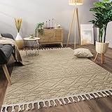 Paco Home Teppich Wohnzimmer Schlafzimmer Kurzflor Skandinavisches Boho Muster Geometrische Optik Einfarbig Fransen Moderne Deko, Grösse:120x160 cm, Farbe:Beige