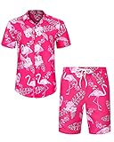 J.VER Herren Hawaiihemd Flamingo Floral Kurzarmhemd und Shorts Sommer Beach Freizeithemden Funky Party Outfit Hawaii Hemd Männer mit Hose Faltenfrei Urlaub Hemd Set,Rosa Flamingo,XL