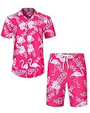 J.VER Herren Hawaiihemd Flamingo Floral Kurzarmhemd und Shorts Sommer Beach Freizeithemden Funky Party Outfit Hawaii Hemd Männer mit Hose Faltenfrei Urlaub Hemd Set,Rosa Flamingo,L