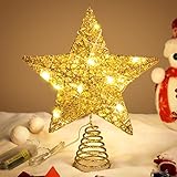 WHOLEV Weihnachtsbaumspitzen Stern, 20cm Goldene Baumspitze Beleuchteter Stern Glitzernder Metall Baumspitze Stern, 15 LED-Lichter Weihnachtsbaumspitzen Stern für Weihnachtsbaum Heimdekoration