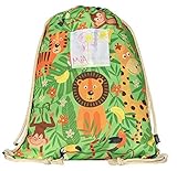 HECKBO Kinder Turnbeutel inkl. Sichtfenster - Dschungel - Sportkleidung Trinkflasche- Kindergarten, Schule, Stoffbeutel Kita - Rucksack, Tasche, Sportrucksack, Sportbeutel Junge Mädchen