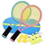 Kinder-Tennisschläger, 17-Zoll-Kunststoff-Tennisschläger mit 4 weichen Bällen und 6 Federbällen für Kinder, Kleinkinder, Outdoor/Indoor-Sport (Blau und Rosa)