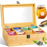GUHAOOL Teebox, Teebox aus Holz mit 10 Fächern 29.5 x 16 x 9 cm,Teebeutel Aufbewahrungsbox,Teekiste mit Sichtfenster,Flexibel Einstellbare Fächer,Teebeutelbox für Aromageschützte Aufbewahrung von Tee
