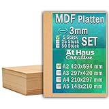 AtHaus MDF SET 5 x A2-594 x 420mm Holz-Platten 3mm Dünne Holzplatten Zuschnitt zum Basteln, Bemalen, Modellierung, Gravur, Perfekt für Laser, CNC Router