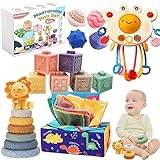 Montessori ab 1 Jahr, 5 in 1 Baby Spielzeug ab 6 9 12 Monate, Krabbe Babyspielzeug, Tissue Box, Stapelspielzeug, Quetsch Bälle, Beißring, Geschenk für Junge Mädchen