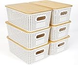 UHAPEER Aufbewahrungsbox mit Bambus Deckel, 6 Stücke Aufbewahrungskorb, Kunststoff Korb Aufbewahrung, Kitchen Organizer Weiß, Stapelbare Aufbewahrungsboxen, Kiste mit Deckel 25.6 x 18 x 10.7 cm