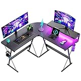 Bestier L-förmiger Gaming-Computertisch mit LED-Leuchten, Monitorständer, 130 cm Eckschreibtisch mit Getränkehalter, Kopfhörerhaken, für Heimbüro, Kleiner Raum
