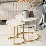 HEYZOEY Couchtisch Rund 2er Set, Wohnzimmertisch, Beistelltische Gold Metall, Kaffeetisch für Sofatisch, Wohnzimmer, Schlafzimmer, White Ink Gold