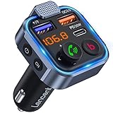 LENCENT FM Transmitter Bluetooth V5.3 Auto Radio Deep Bass Musik Adapter Freisprecheinrichtung Auto Ladegerät mit Dual USB Anschlüsse PD Typ-C QC 3.0 USB Schnellladung mit Blauem Umgebungslicht