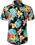 JOGAL Herren Casual Floral Blumenmuster Kurzarm Hawaiihemd Medium Schwarz