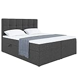 MEBLINI Boxspringbett mit Bettkasten - Gepolstert Doppelbett mit Matratze und Topper - Polsterbett mit Stauraum - Bett mit Kopfteil - Stauraumbett - NILS - 140x200 - H3/Dunkelgrau Webstoff