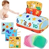 Interaktive Tücherbox Baby Spielzeug,Montessori Spielzeug Baby, Tierbus Sensorik Spielzeug, Babyspielzeug für Baby Mädchen Junge ab 6 7 8 9 10 Monate (mit Crinkle Tuch und Farbiges Tuch)
