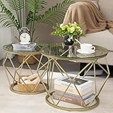 Hzuaneri Couchtisch rund, 2er Set Beistelltische, Beistelltisch-Set mit Metallrahmen, Kleiner Beistelltisch für Wohnzimmer, Schlafzimmer, Büro, Schlafzimmer, Gold 01801GCT