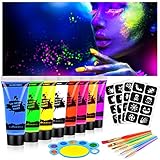 AOOWU Kinderschminke Set, 8 Farben Neon UV Schminkfarben, Waschbar Face Paint Bodypaint Schminkset, Gesichtsfarben Körperfarbe mit 6 Pinsel, 4 Aufkleber und 1 Palette für Karneval Make-up Fasching