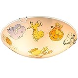 GLOBO LIGHTING Kinderleuchte Deckenlampe Glas Kinderzimmerlampe rund, Glas bunt mit Tiermotiven, 2x E27, DxH 30x6,5 cm