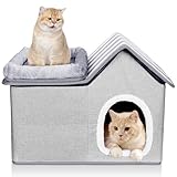 HEVOL Katzenhäuser Outdoor, Abnehmbar Katzenhöhle mit Waschbarem Kissen und Plattform, Katzenhaus für Draußen, Wasserdicht Katzen Haus für Katzen und Kätzchen, Grau
