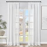 Topfinel Voile Gardinen Vorhänge mit Kräuselband in Leinen-Optik Transparent für Wohnzimmer Schlafzimmer Fenster Einfarbige Weiß 2er Set 140x245cm (BxH)