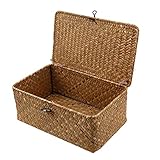 Esoes Aufbewahrungskorb aus geflochtenem Rattan, Aufbewahrungsbox mit Deckel, Seegras, Wäschekörbe, Make-up-Organizer für Badezimmer, Wohnzimmer, Küche