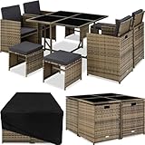 tectake Lounge Möbel Set aus 4X Stühle, 1x Tisch, 4X Hocker, wetterfest und platzsparende Cube Aufbewahrung inkl. Schutzhülle, Outdoor Rattan Gartenmöbel für Balkon, Garten und Terrasse - Natur