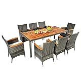 COSTWAY Rattan Sitzgruppe für 8 Personen, Gartenmöbel Polyrattan 9-teilig, Gartentisch Akazienholz mit Stühlen & Kissen, Gartengarnitur Sitzgarnitur, Essgruppe Outdoor Terrasse