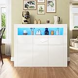 SUNXURY Kommode Weiß Hochglanz, Küchenschrank Sideboard mit LED 3 Türen Griffloses Design für Küche Flur Schlafzimmer 116x93x35cm(B/H/T)