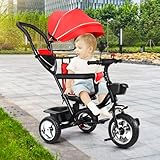 Baby-Dreirad, mitwachsend, multifunktional, von 9 Monaten bis 5 Jahren, bis zu 25 kg, Kinderwagen, große Räder aus PU, Sitz verstellbar um 360° (rot)