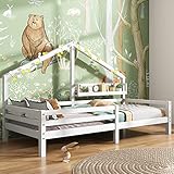 Merax Kinderbett 90x200cm mit Rausfallschutz, Kinder Hausbett mit Ablageregal, Stabiles Holz Baumhausbett mit Lattenrost, Spielbett für Jungen & Mädchen, Weiß