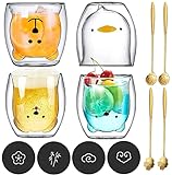 JOTOL Doppelwandige Latte Macchiato Gläser Set,Süße Tassen Kaffee Teegläser Trinkgläser Kaffeeglas 4pcs mit Löffel und Untersetzer,Double Wall Glass Milk Cup Geschenkset