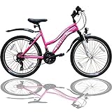 Talson 24 Zoll Mädchen Fahrrad MTB mit Beleuchtung und Shimano 21-Gang Kinderfahrrad Rosa