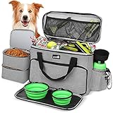 Pecute Hunde Reisetasche Große Hundetasche, Haustier, mit 2 Aufbewahrungstaschen und 2 Hundenäpfe, Hundetragetasche Dog Travel Bag für Reisen, Camping oder Tagesausflüge, Grau 42 * 18 * 30 cm