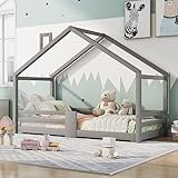 Kinderbett Hausbett mit Schornstein | Rausfallschutz| Robuste Lattenroste |Kiefernholz Haus Bett für Kinder, 90 x 200 cm (Grau)