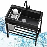 Freistehende Edelstahl Spültisch Spülbecken Küchenspüle Schwarz,Küchenorganisation Spüle,Kitchen Sink Waschbecken Organizer Küchen Spüle mit Abtropfschale für Küchenutensilien Aufbewahrung (Size : 60