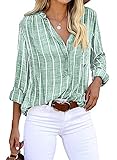 Cindeyar Bluse Damen Langarm Streifen Oberteile Casual Langarmshirt Tops Lose Baumwolle Tunika Hemd (S, Grün)