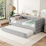 Ymkua Polsterbett Einzelbett Sofabett 90x200 cm, Kinderbett Schlafsofa Tagesbett mit Ausziehbares Rollbett, Jugendbett Bett mit Lattenrost, Gästebett Wohnzimmer Schlafzimmer,Grau, Linen, Ohne Matratze