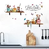 Wandtattoo Küche - Wandsticker Herausnehmbar Selbstklebend Küche Wandaufkleber-Küche Blumen-topf mit Schmetterling und Küchenutensilien Muster (50 x 70cm)