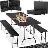 tectake® 3-teiliges Gartenmöbel Set, klappbarer Campingtisch mit 2X Bierbank, Balkonmöbel, Garten oder Terrassentisch Set, Bierzeltgarnitur, mit Tragegriffen, 180cm lang (schwarz)