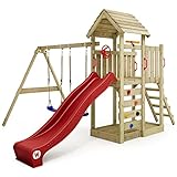 WICKEY Spielturm Klettergerüst MultiFlyer mit Holzdach, Schaukel & roter Rutsche, Outdoor Kinder Kletterturm mit Sandkasten, Leiter & Spiel-Zubehör für den Garten