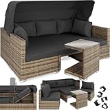 tectake Rattan Sonneninsel Sitzgruppe, Lounge Möbel Set inkl. Sofa mit Sonnendach, Hocker, Sesseln und Tisch, Outdoor Gartenmöbel, Loungemöbel Balkon und Garten, Terrassenmöbel, wetterfest - Natur