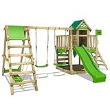 FATMOOSE Spielturm Klettergerüst JazzyJungle Jam XXL mit SurfSwing, Schaukel & apfelgrüner Rutsche, Outdoor Kinder Kletterturm mit Sandkasten Leiter & Spiel-Zubehör für den Garten