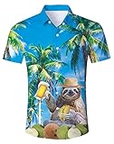 Hawaiihemd Herren Funky Faultier Bier Hawaii Hemd Button Down Lustig Hemd Bunt Männer Kurzarm Aloha Sommerhemd Freizeithemd für Strandurlaub Blau XL
