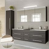 Lomadox Badmöbel Komplett Set anthrazit, Doppel-Waschtisch mit Unterschrank, 2 Waschbecken, LED-Spiegelschrank, Hochschrank