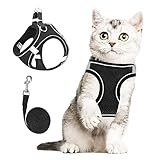 Frevoitna Katzengeschirr mit Leine Ausbruchsicher, Katzenleine mit Geschirr für Katzen Verstellbare, Cat Harness Reflektie, Katzengeschirre Atmungsaktiv, Katzen Leine für Spaziergänge(Schwarz, XS)