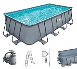 Summer Waves Frame Pool Komplettset | Rechteckig 549x274x132 cm Grau | Aufstellpool Set | Gartenpool & Schwimmbecken inkl. Sandfilterpumpe, Bodenvlies, Abdeckplane & Einstiegsleiter