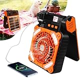 Camping Ventilator mit LED-Laterne, Solar Camping Ventilator mit Handhaben, 4 in 1 USB Ventilator, 90° Drehung, 4 Geschwindigkeiten, USB & Type-C Tischventilator Camping Gadgets für Büros,Schlafzimmer